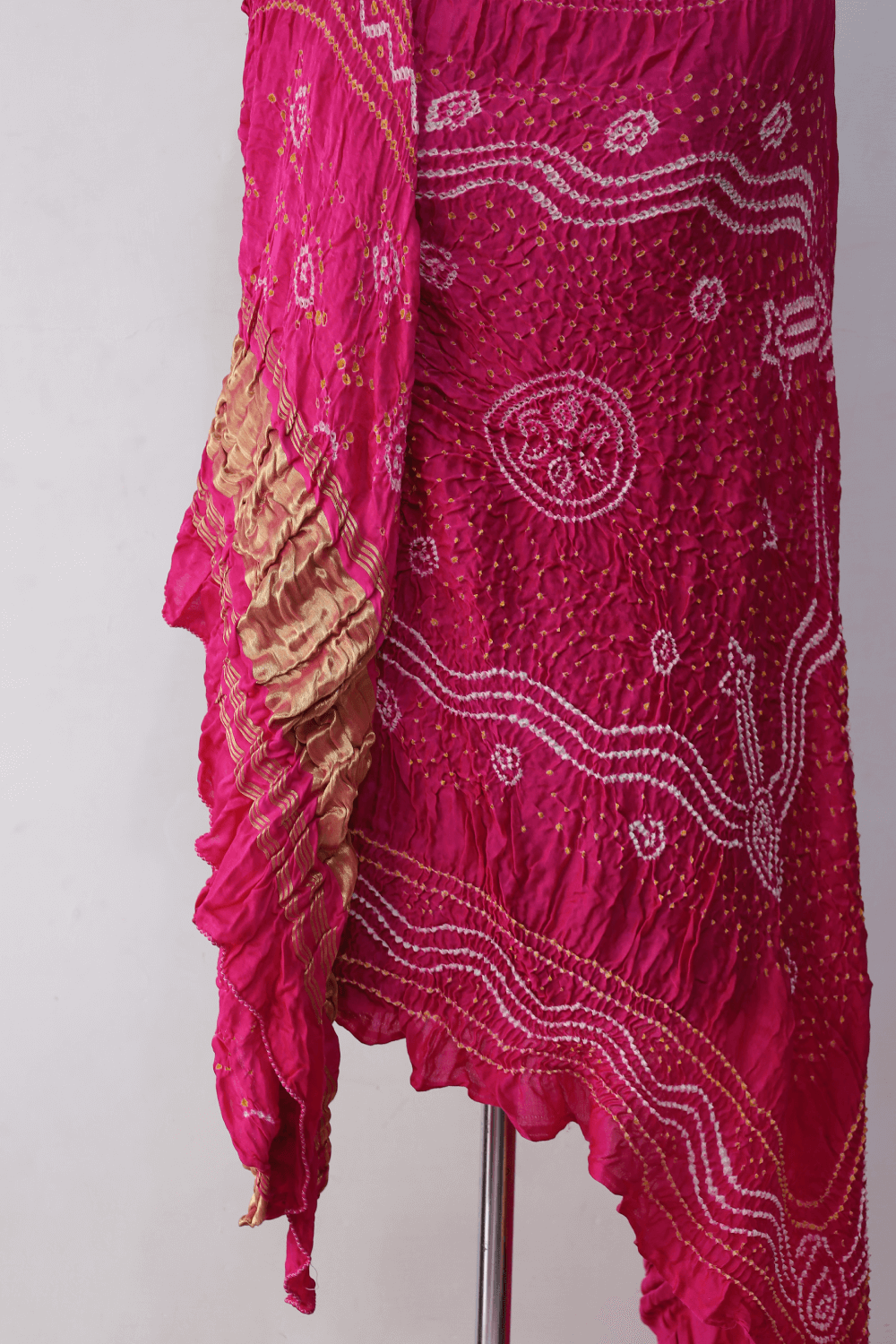 Ethnic candy pink Gajji silk dupatta showcasing authentic Bandhani artistry