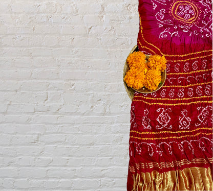 Handcrafted cherry red and pink Bandhani dupatta made from premium Gajji silk fabric