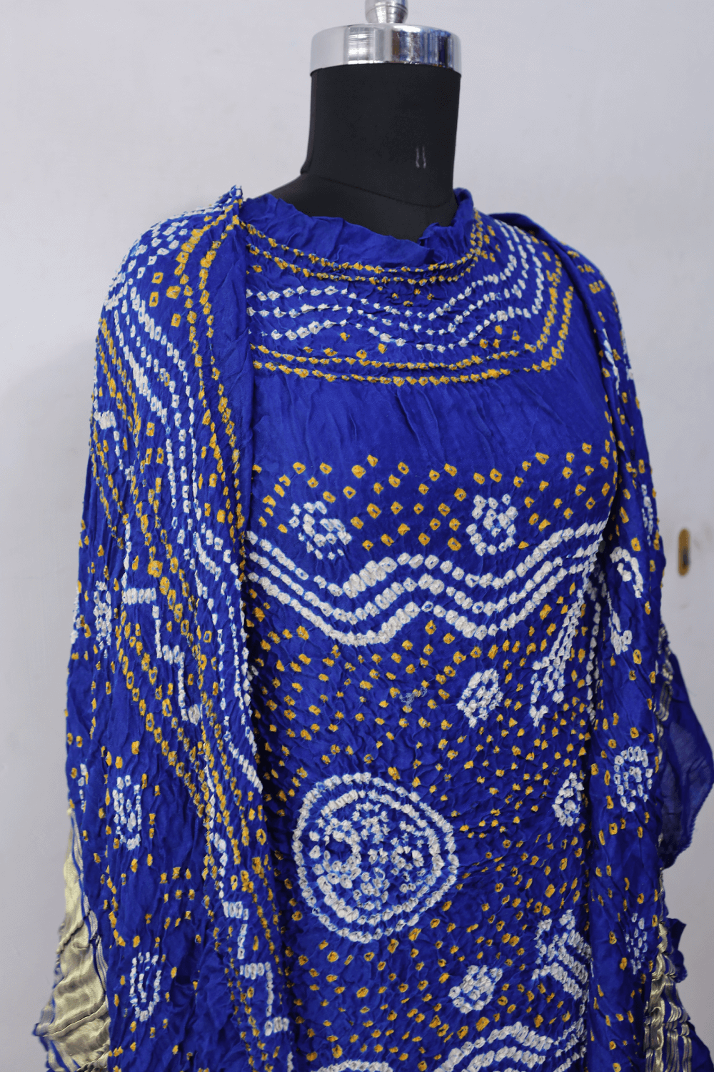 Traditional cobalt blue Bandhani Gajji silk dupatta with intricate artisanal patterns
