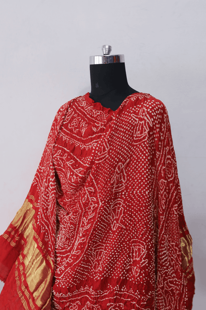 Luxurious coral red Gajji silk Rai Bandhej dupatta perfect for festive and ethnic wear