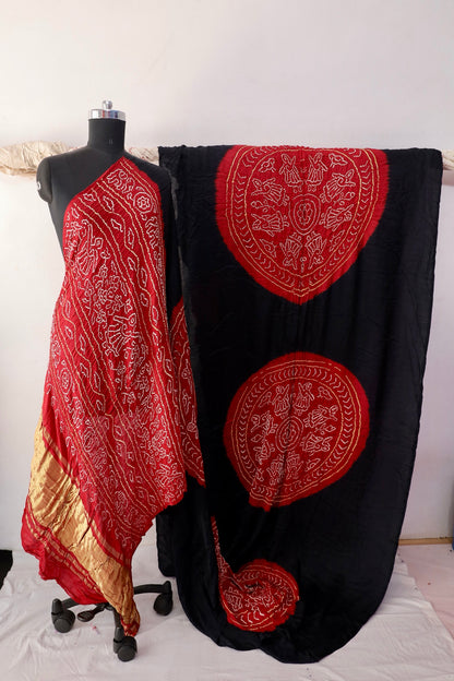 Crimson Edge Bandhani Gajji silk saree featuring intricate tie-dye patterns and an elegant zari pallu