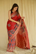 Crimson Red Ajrakh Dola Silk Saree