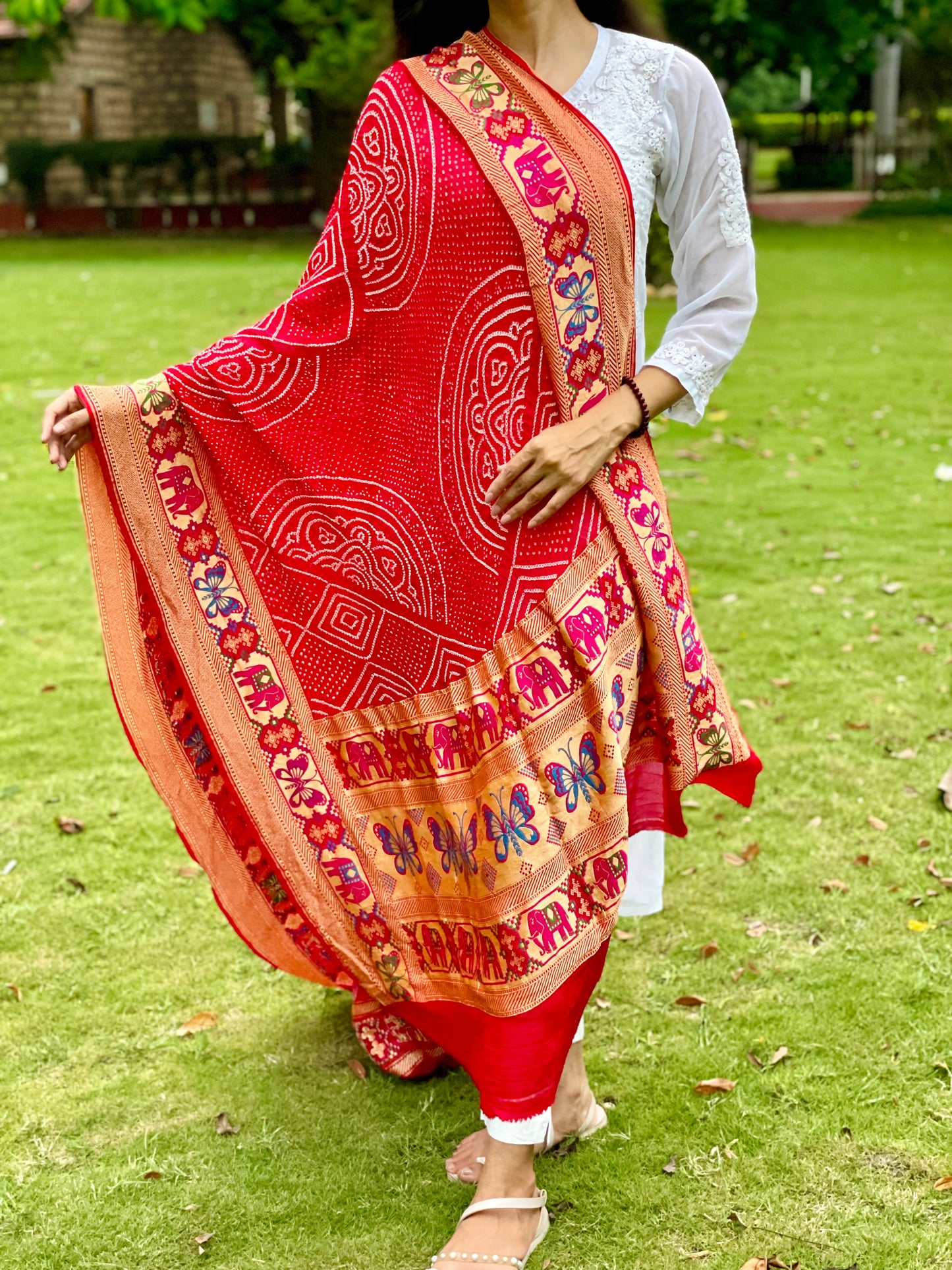 Ethnic crimson red georgette dupatta showcasing authentic Bandhani artistry