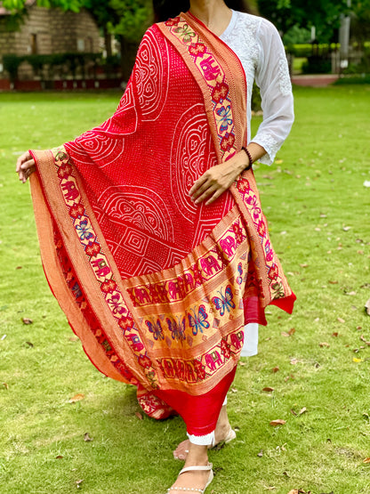 Ethnic crimson red georgette dupatta showcasing authentic Bandhani artistry
