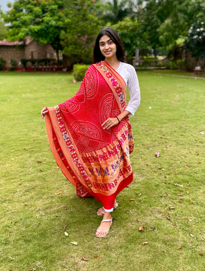 Traditional crimson red Bandhani georgette dupatta with intricate artisanal patterns