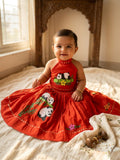 Crimson Red Handpainted Cotton Blouse & Skirt Set for Baby