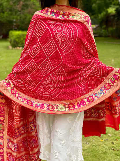 Elegant crimson red Bandhani georgette dupatta with soft texture and graceful movement