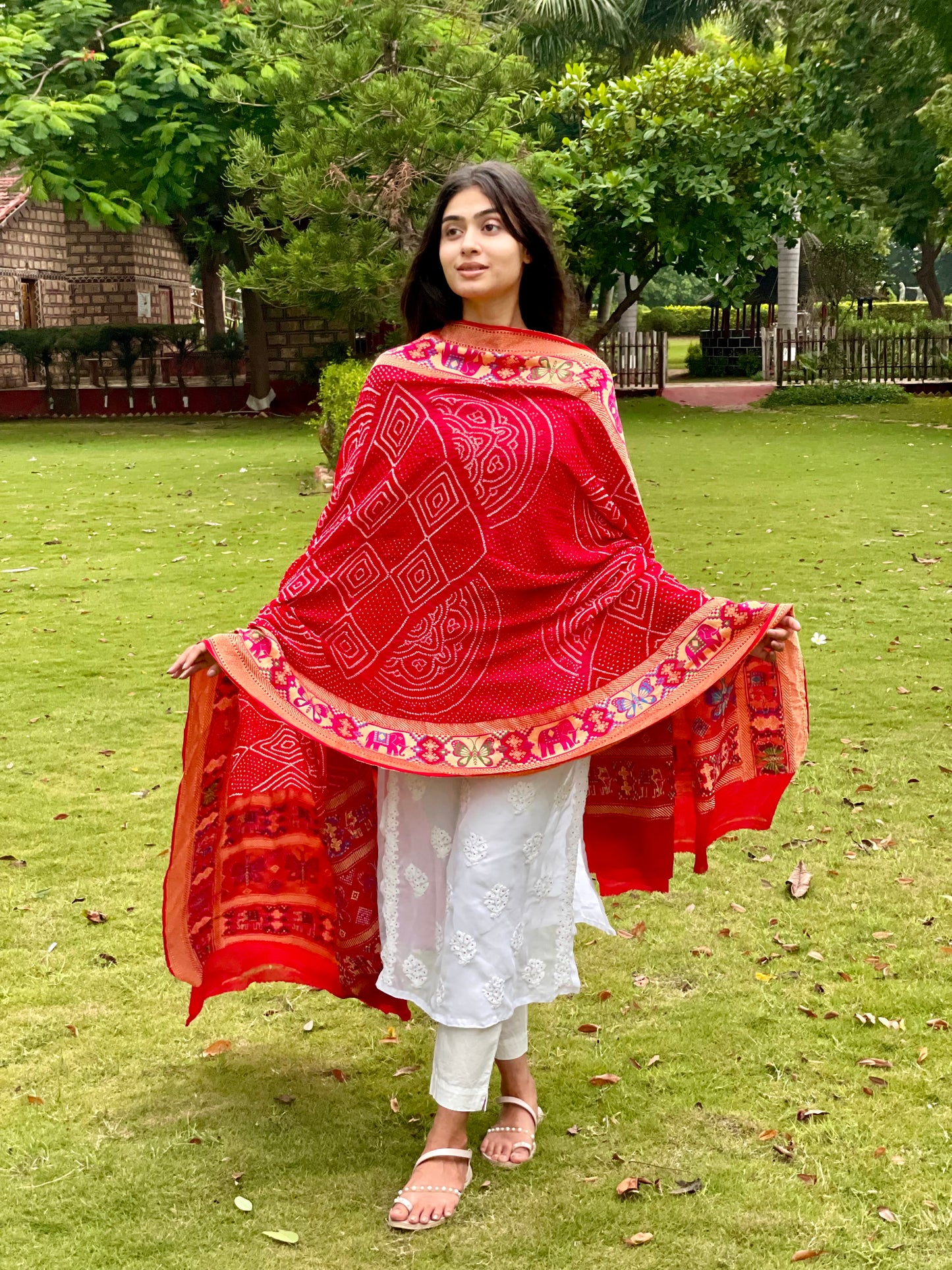 Handcrafted crimson red Bandhani dupatta made from lightweight georgette fabric