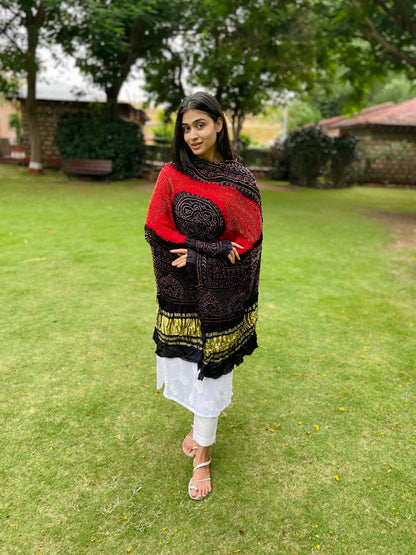 Handcrafted deep red and black Bandhani dupatta made from premium Gajji silk