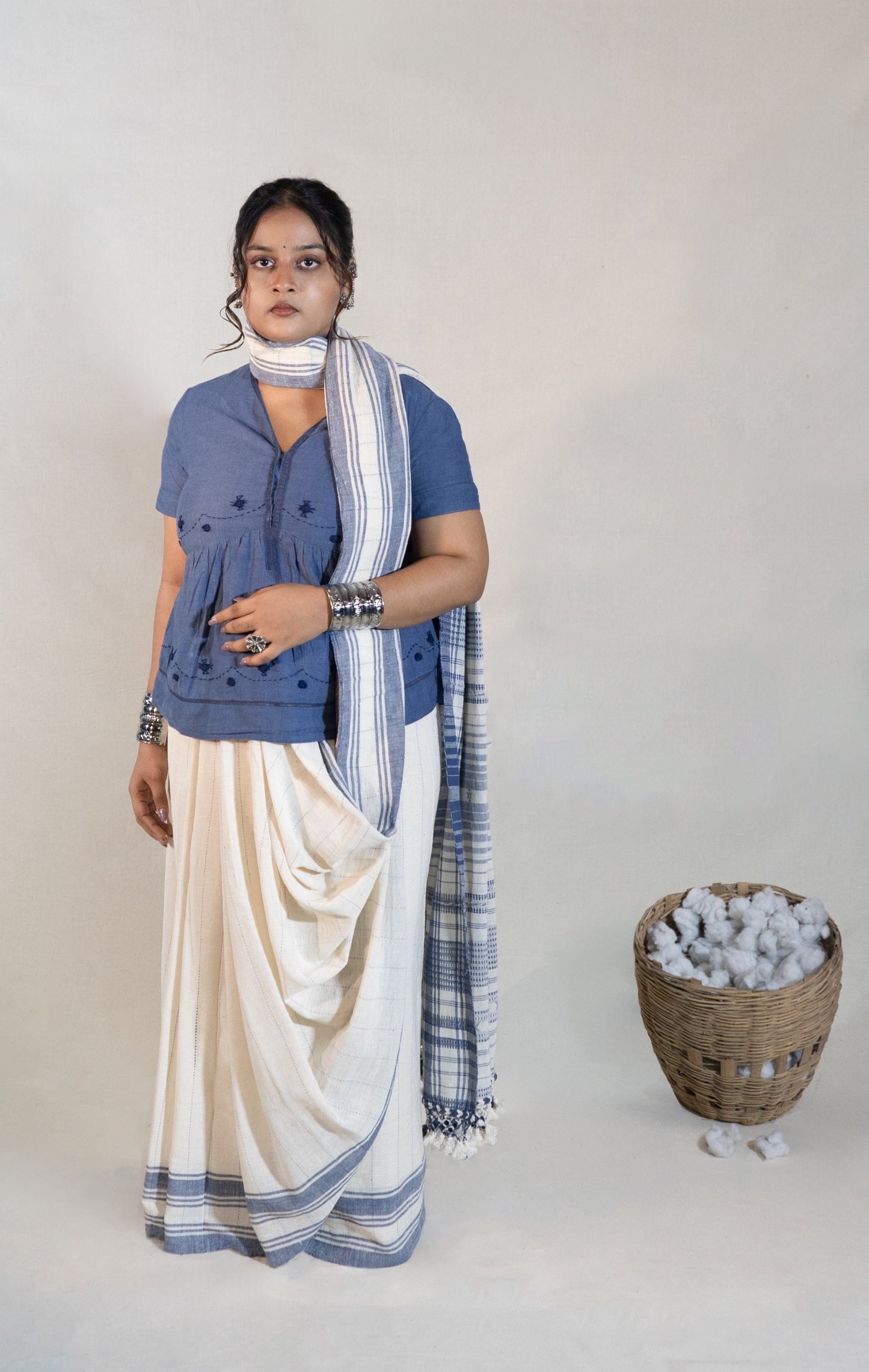 Denim Kala Cotton Bhujodi saree featuring traditional handwoven patterns and artisanal craftsmanship