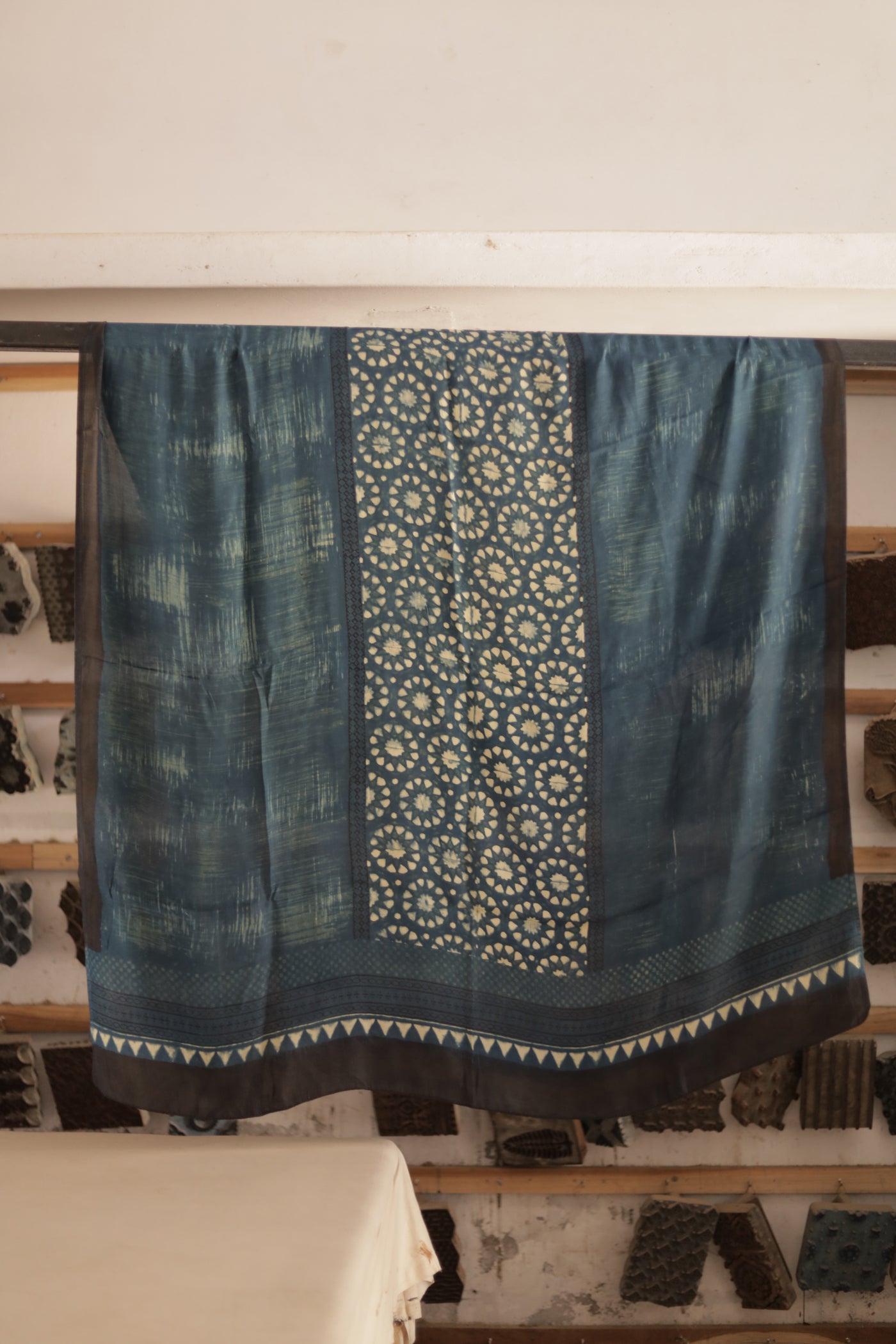 Dusty indigo Ajrakh modal silk dupatta featuring intricate hand block printed motifs and elegant drape