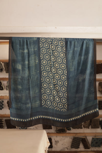 Dusty indigo Ajrakh modal silk dupatta featuring intricate hand block printed motifs and elegant drape