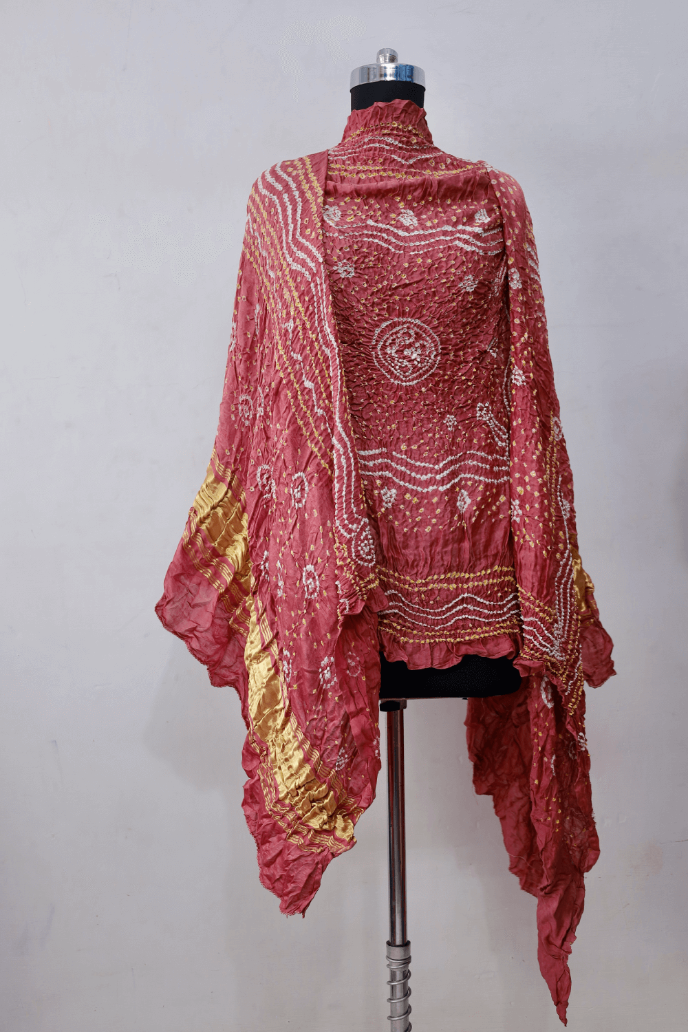 Handcrafted dusty rose Bandhani dupatta made from premium Gajji silk fabric