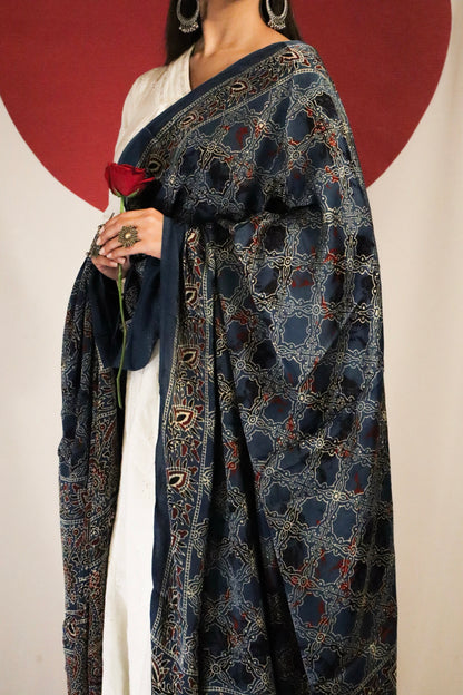 Midnight Blue Ajrakh Modal Silk Dupatta
