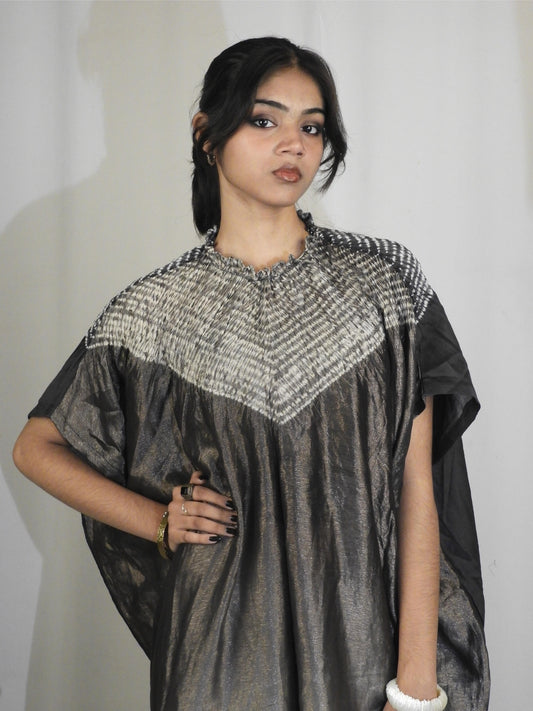 Deep black Bandhani Shibori Silk Kaftaan