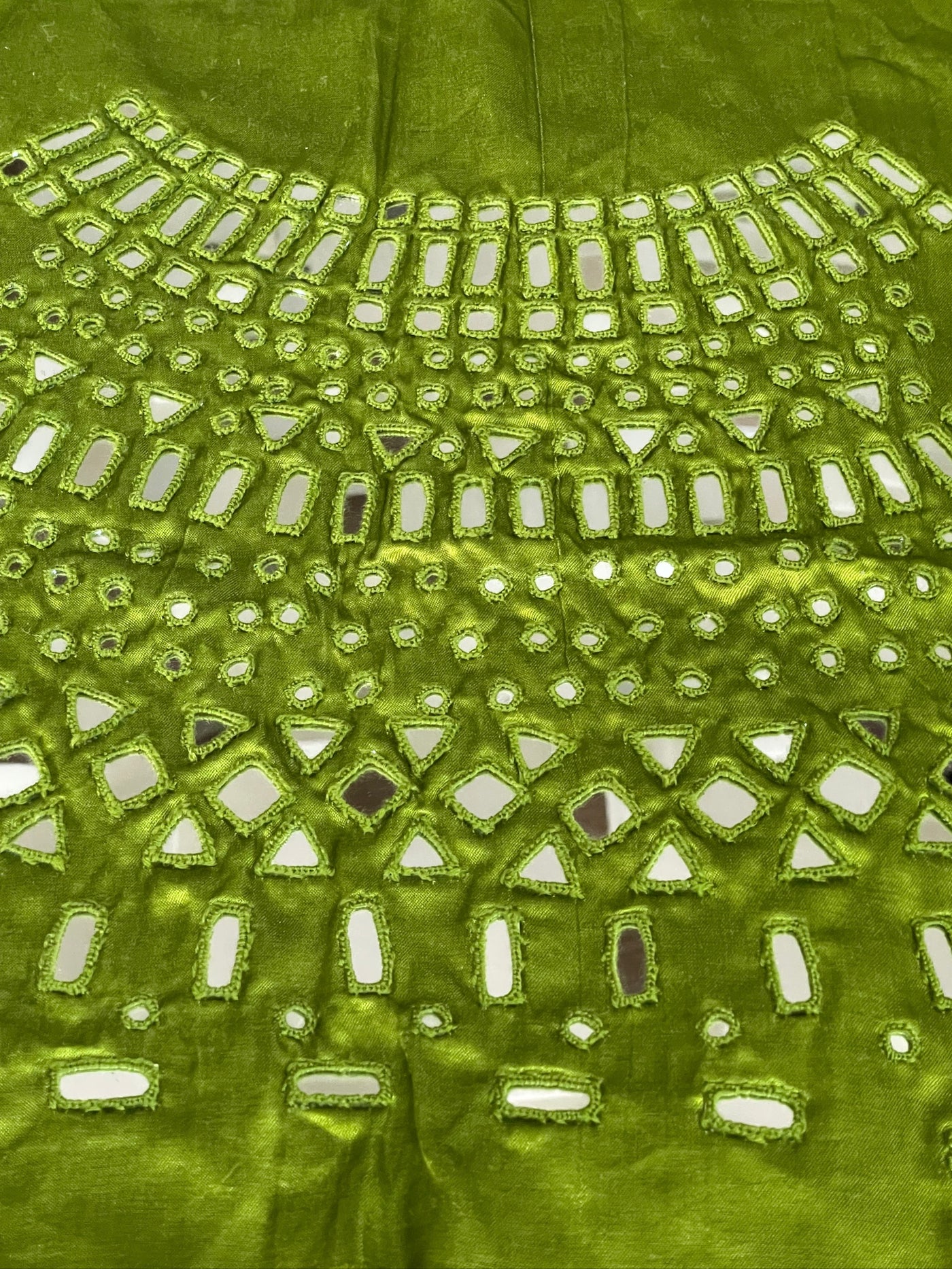 Handcrafted apple green mirror work blouse fabric ideal for festive and traditional outfits
