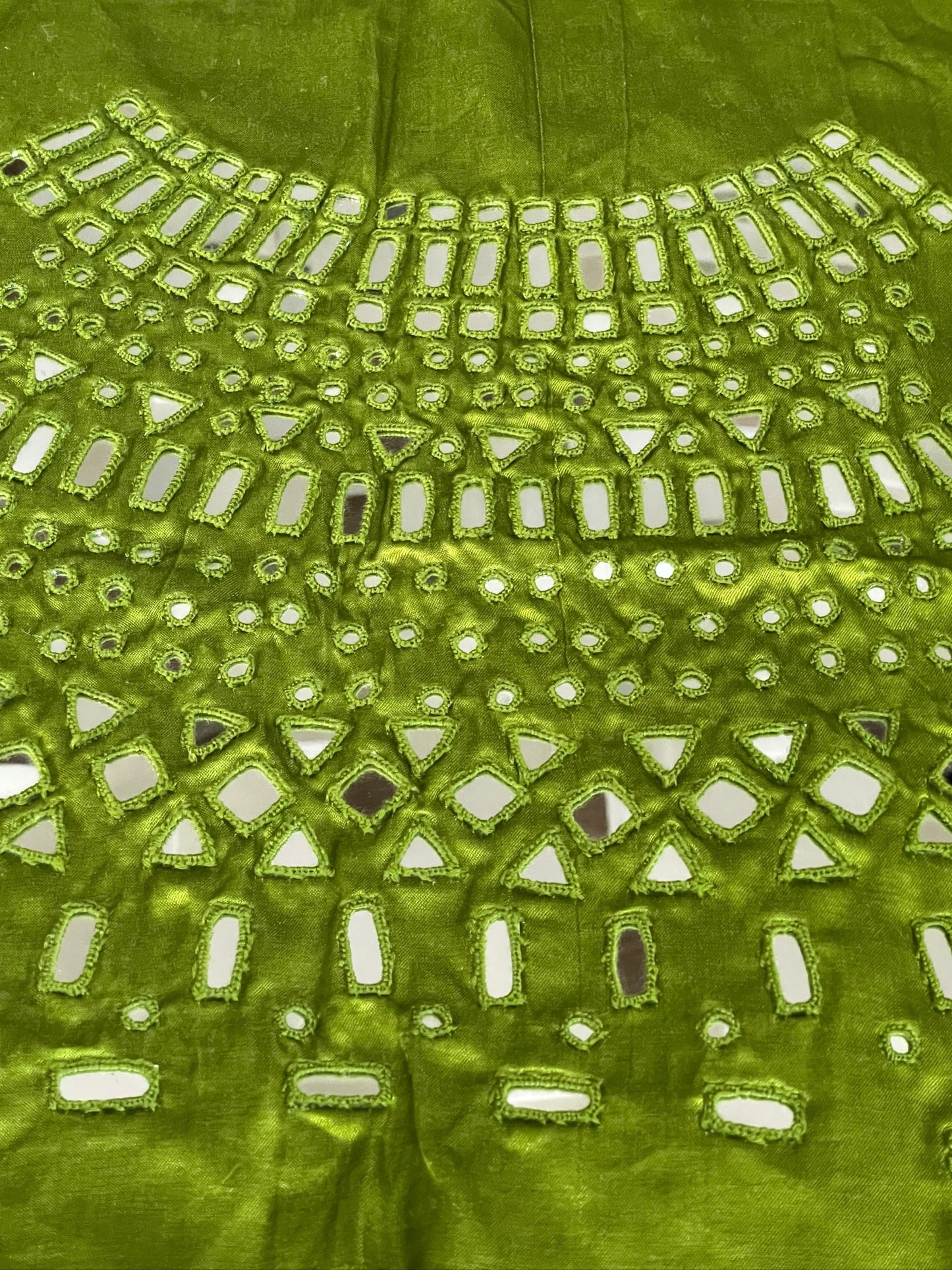 Handcrafted apple green mirror work blouse fabric ideal for festive and traditional outfits