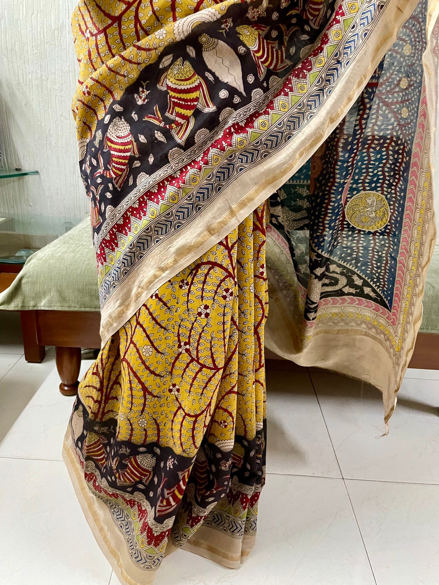 Premium bloom handpainted saree reflecting the cultural richness and storytelling tradition of Mata Ni Pachedi art