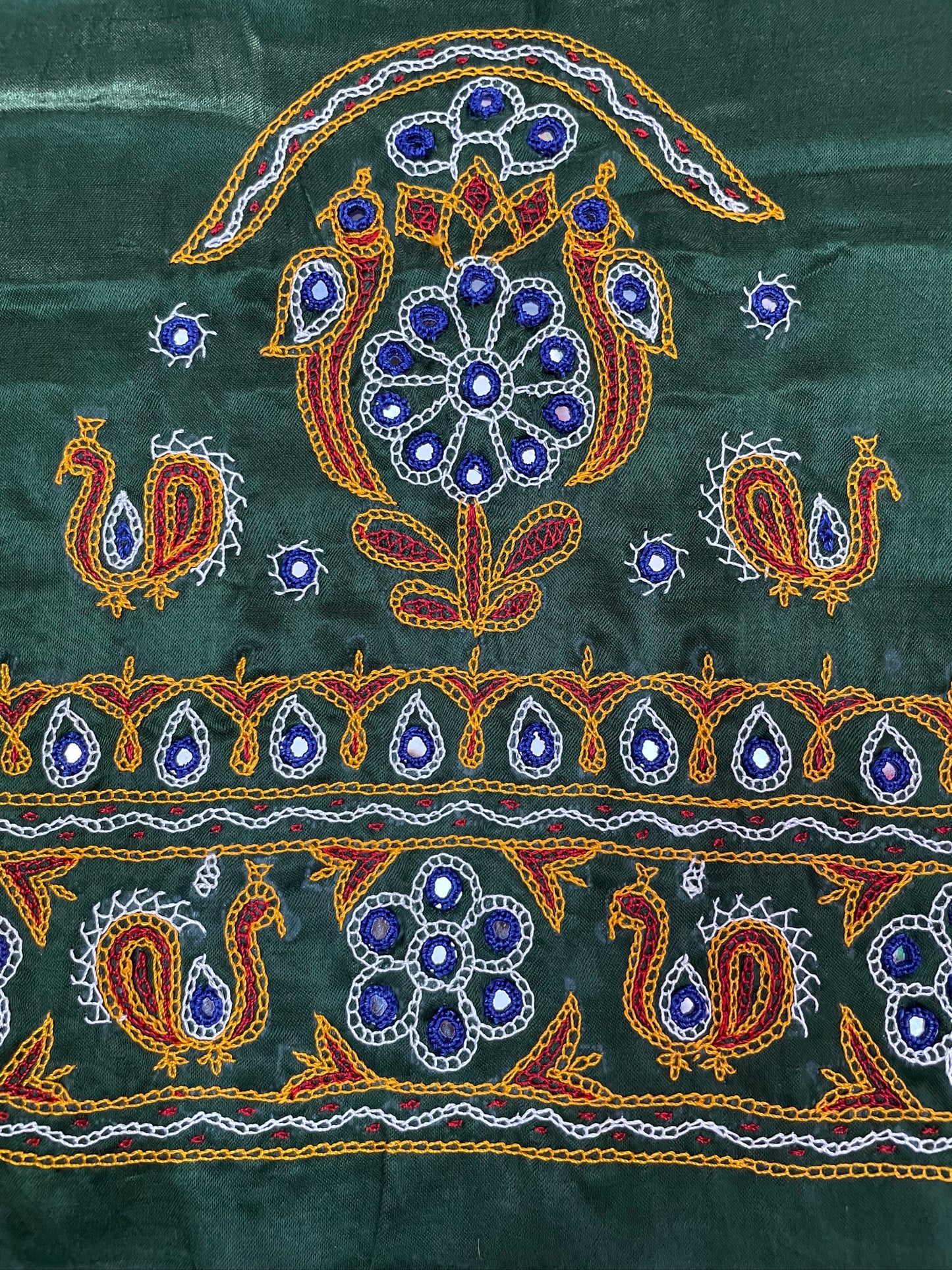 Premium bottle green embroidered blouse fabric with detailed artisan needlework