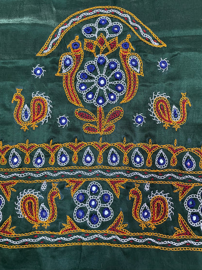 Premium bottle green embroidered blouse fabric with detailed artisan needlework
