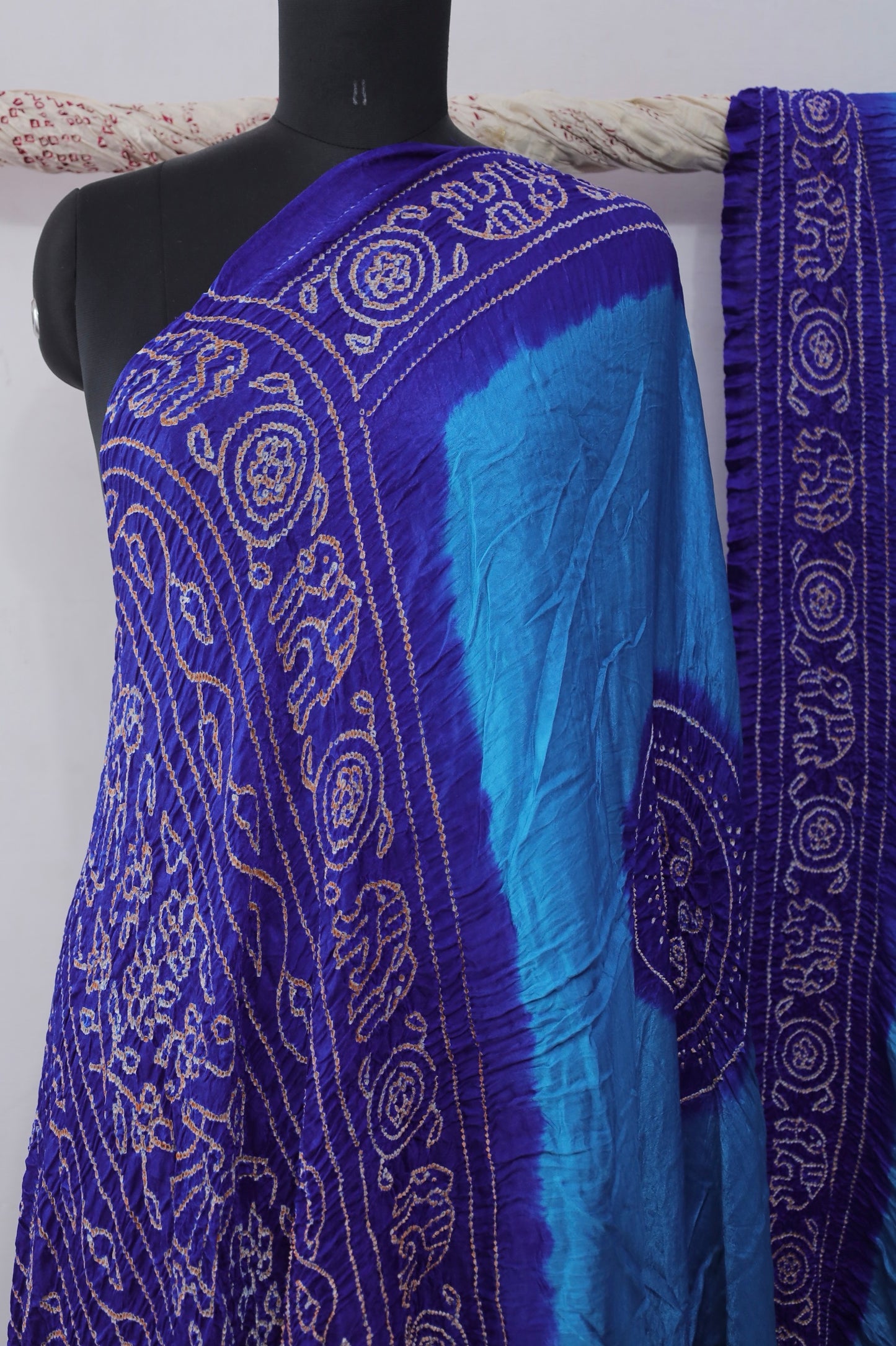 Handcrafted cobalt Gajji silk saree showcasing authentic Bandhani artistry with rich zari detailing