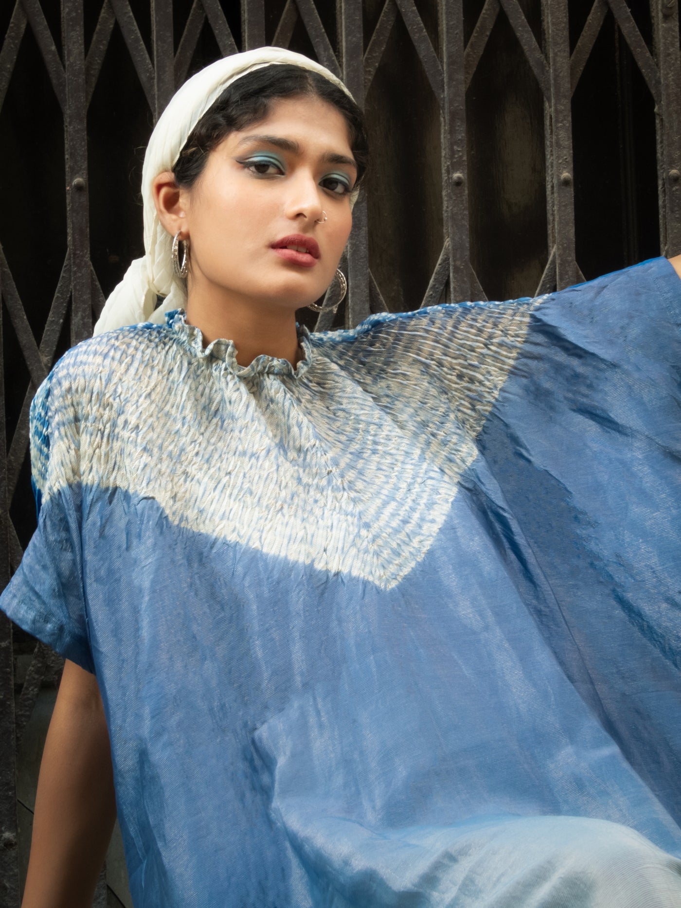 Elegant cobalt resolve Bandhani Shibori kaftan crafted with authentic artisan dyeing techniques