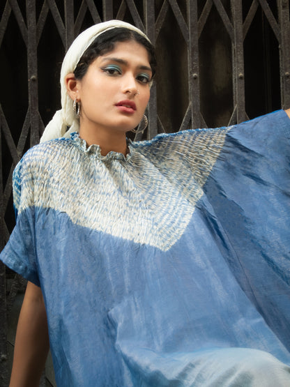 Elegant cobalt resolve Bandhani Shibori kaftan crafted with authentic artisan dyeing techniques