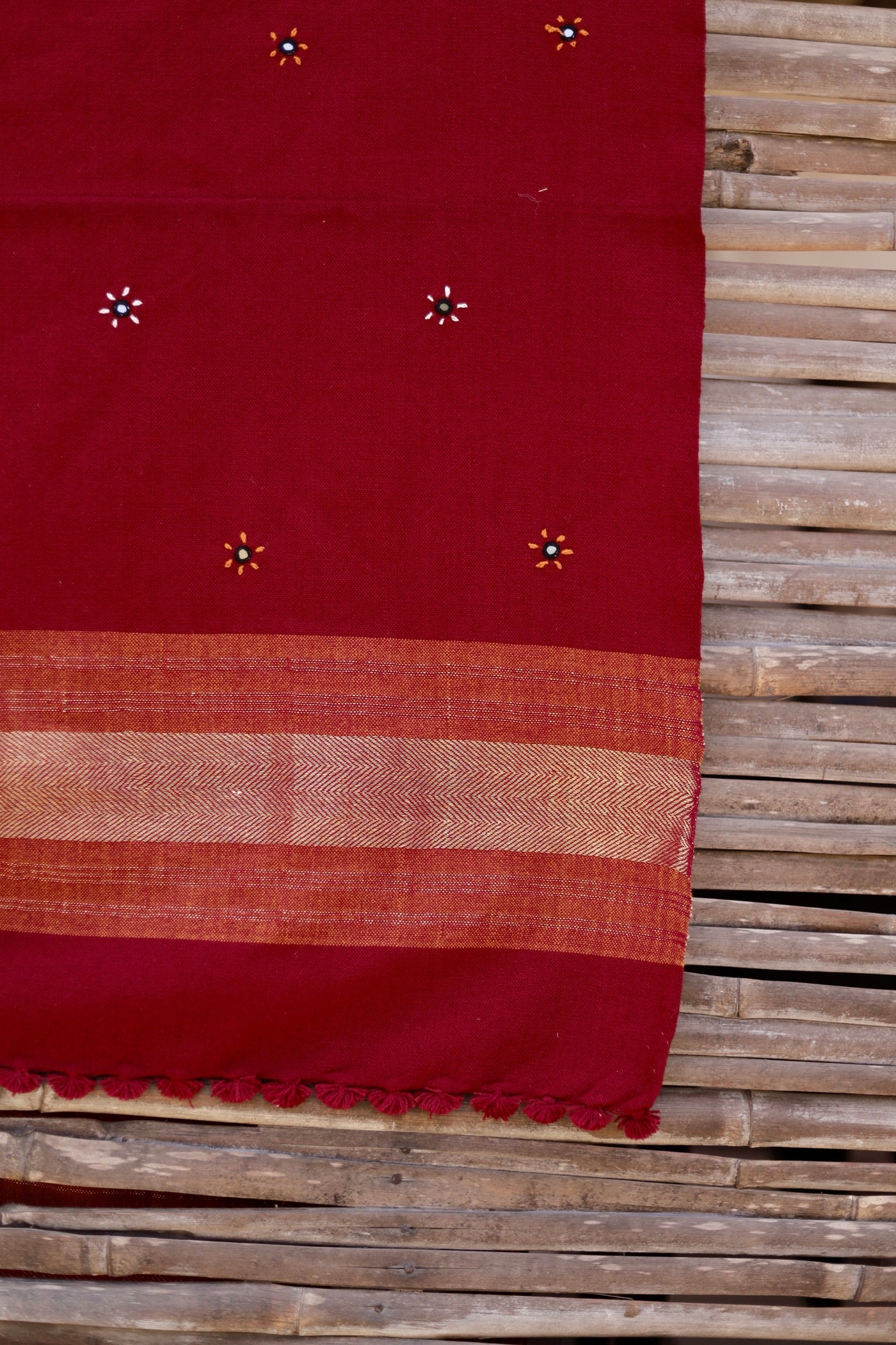 Premium handwoven woolen shawl in crimson red with a soft feel and graceful drape