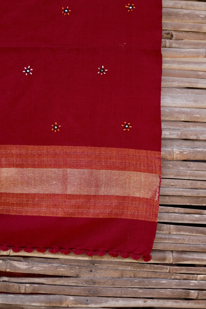 Premium handwoven woolen shawl in crimson red with a soft feel and graceful drape