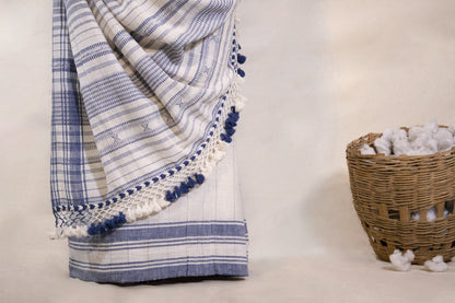 Elegant denim Bhujodi saree woven in sustainable Kala Cotton with intricate artisan detailing