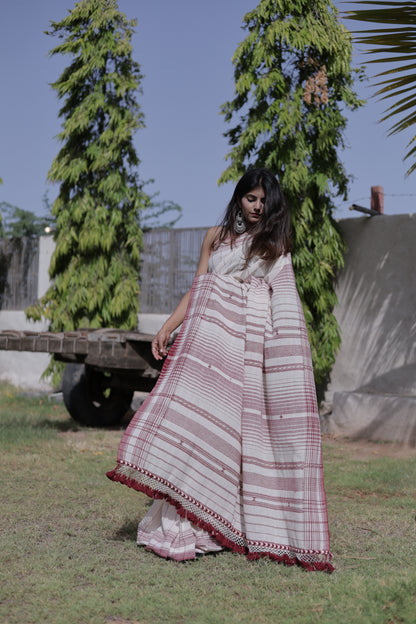 Elegant frost Bhujodi saree woven in sustainable Kala Cotton with intricate artisan detailing