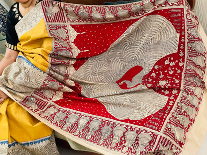 Elegant golden beige saree showcasing detailed Mata Ni Pachedi artwork created by skilled artisans