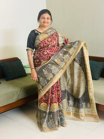 Elegant grey saree showcasing detailed Mata Ni Pachedi artwork created by skilled artisans