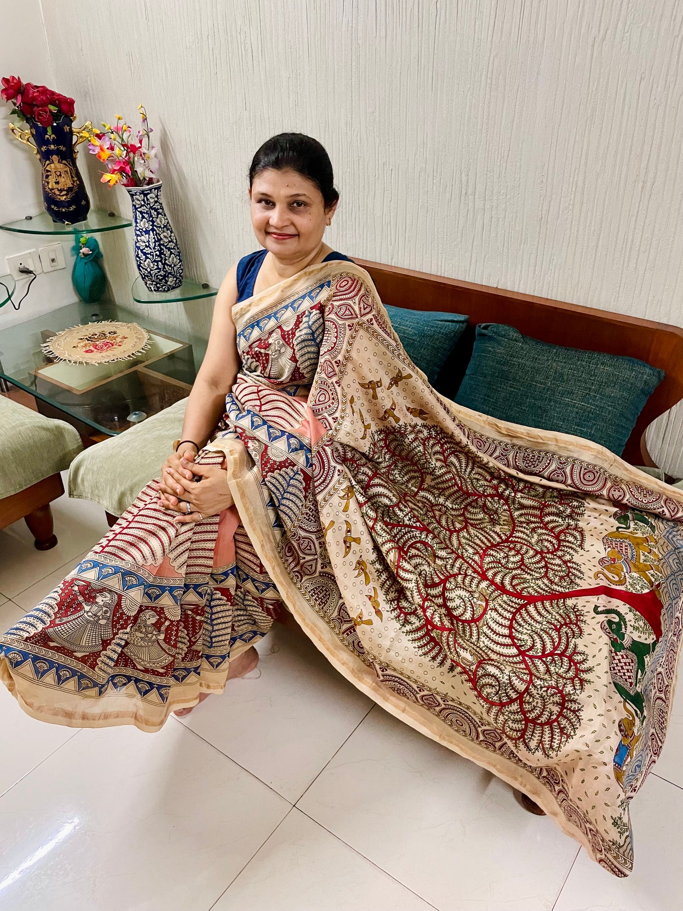 Elegant heritage saree showcasing detailed Mata Ni Pachedi artwork created by skilled artisans