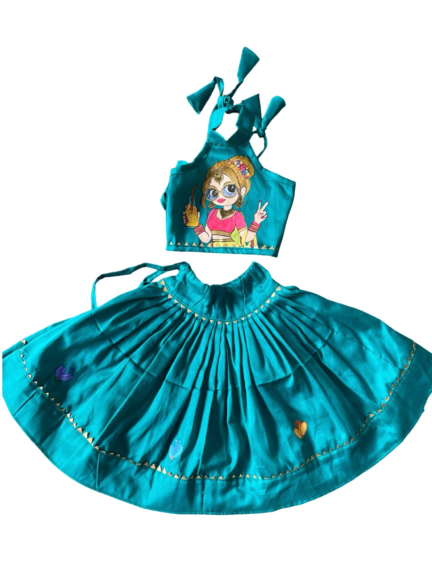 Lagoon blue handmade cotton blouse and skirt set for baby girl featuring traditional styling and comfortable cotton fabric