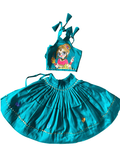 Lagoon blue handmade cotton blouse and skirt set for baby girl featuring traditional styling and comfortable cotton fabric