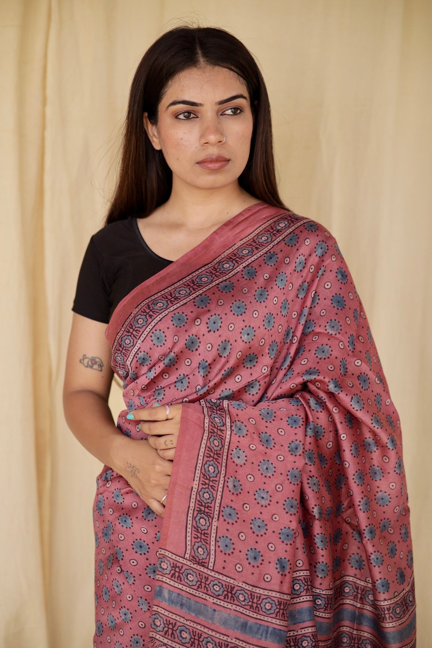 Elegant lavender pink Ajrakh saree in Chanderi silk showcasing skilled artisan block printing techniques