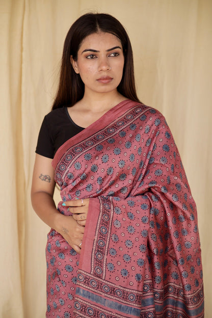 Elegant lavender pink Ajrakh saree in Chanderi silk showcasing skilled artisan block printing techniques