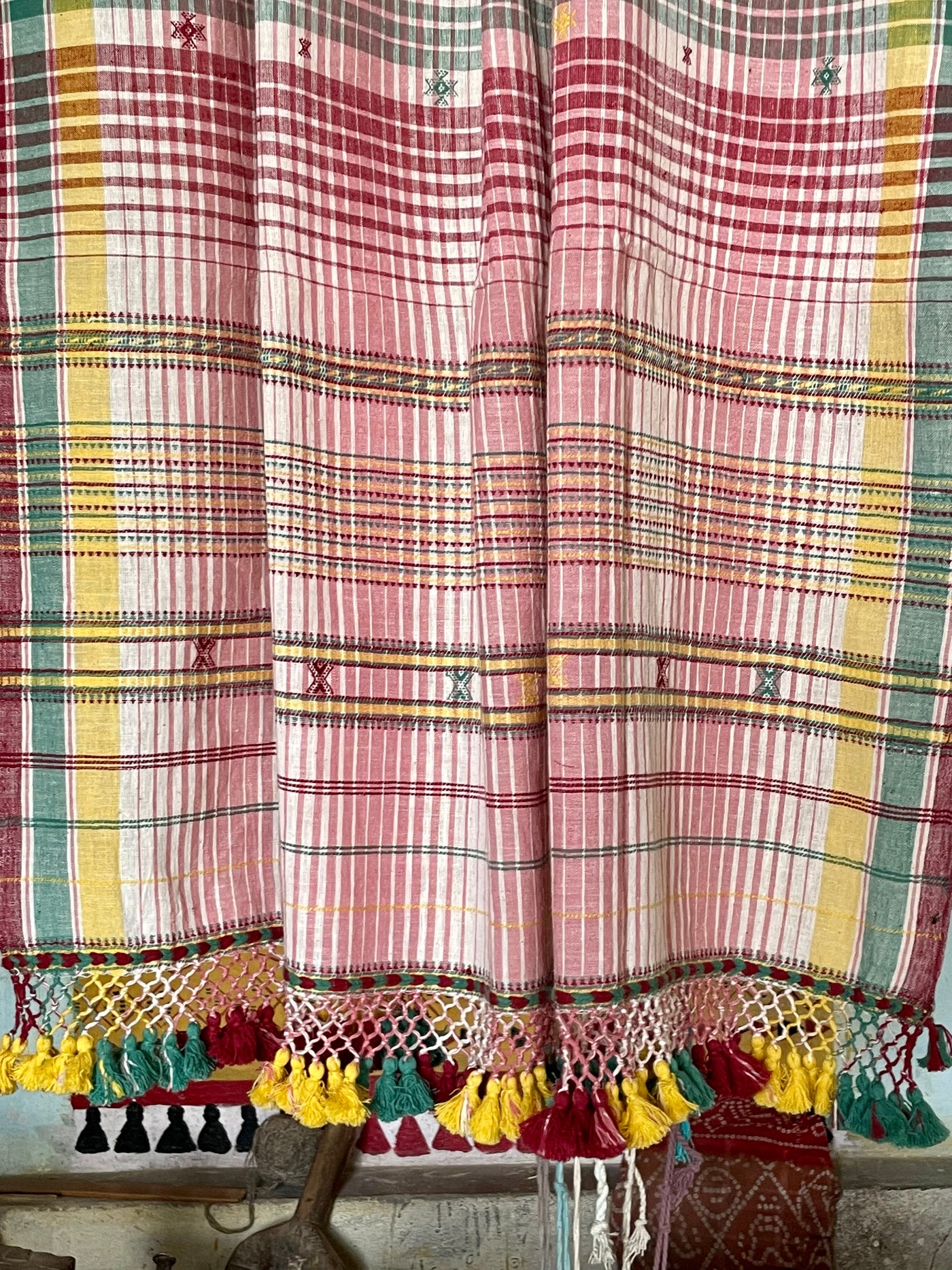 Elegant light rose Bhujodi saree woven in sustainable Kala Cotton with intricate artisan detailing