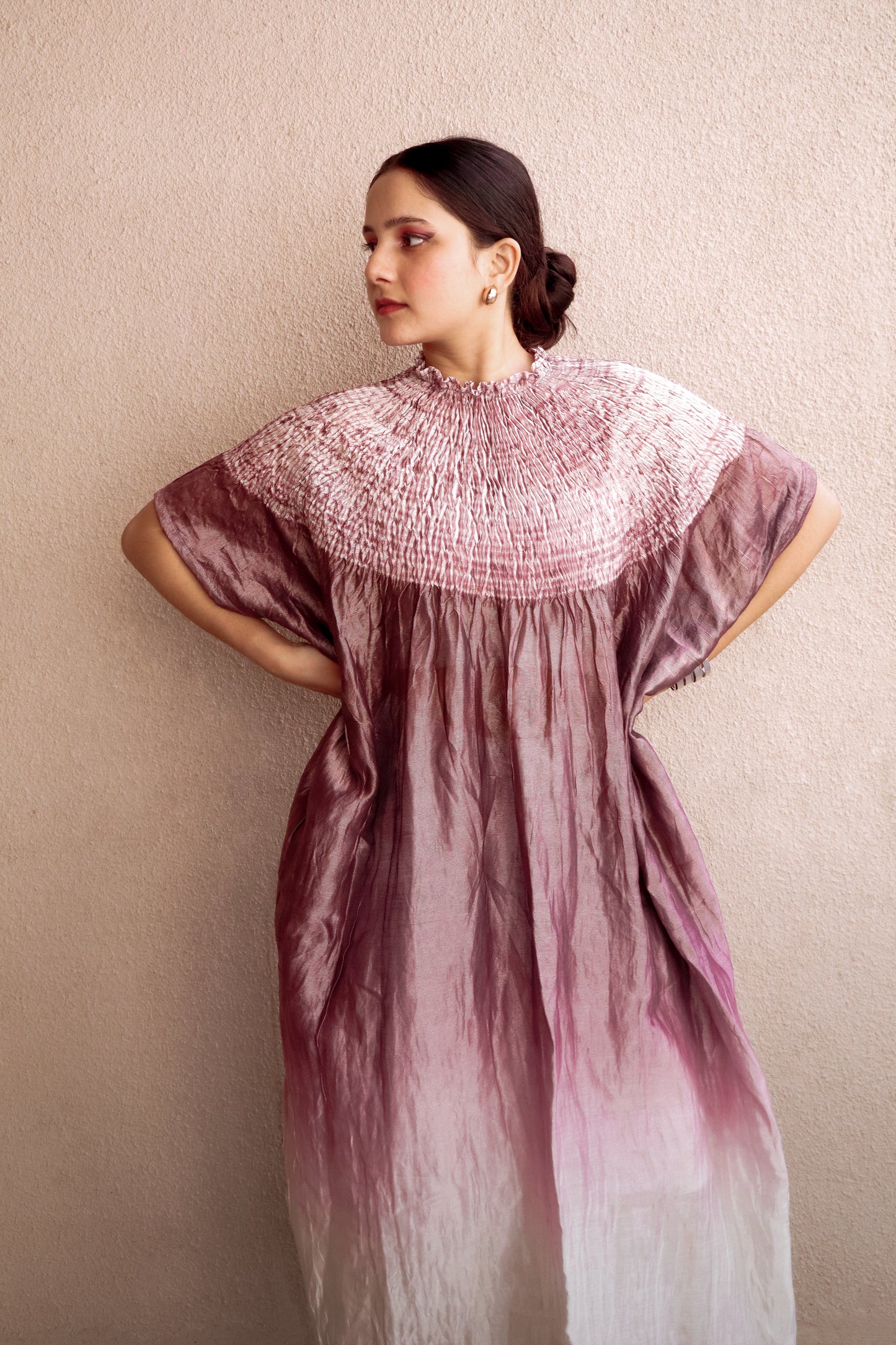 Handcrafted mauve dusk silk kaftan featuring traditional Bandhani and Shibori textile artistry