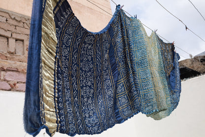 Handcrafted midnight blue silk saree showcasing authentic Rai Bandhani artistry with rich zari detailing