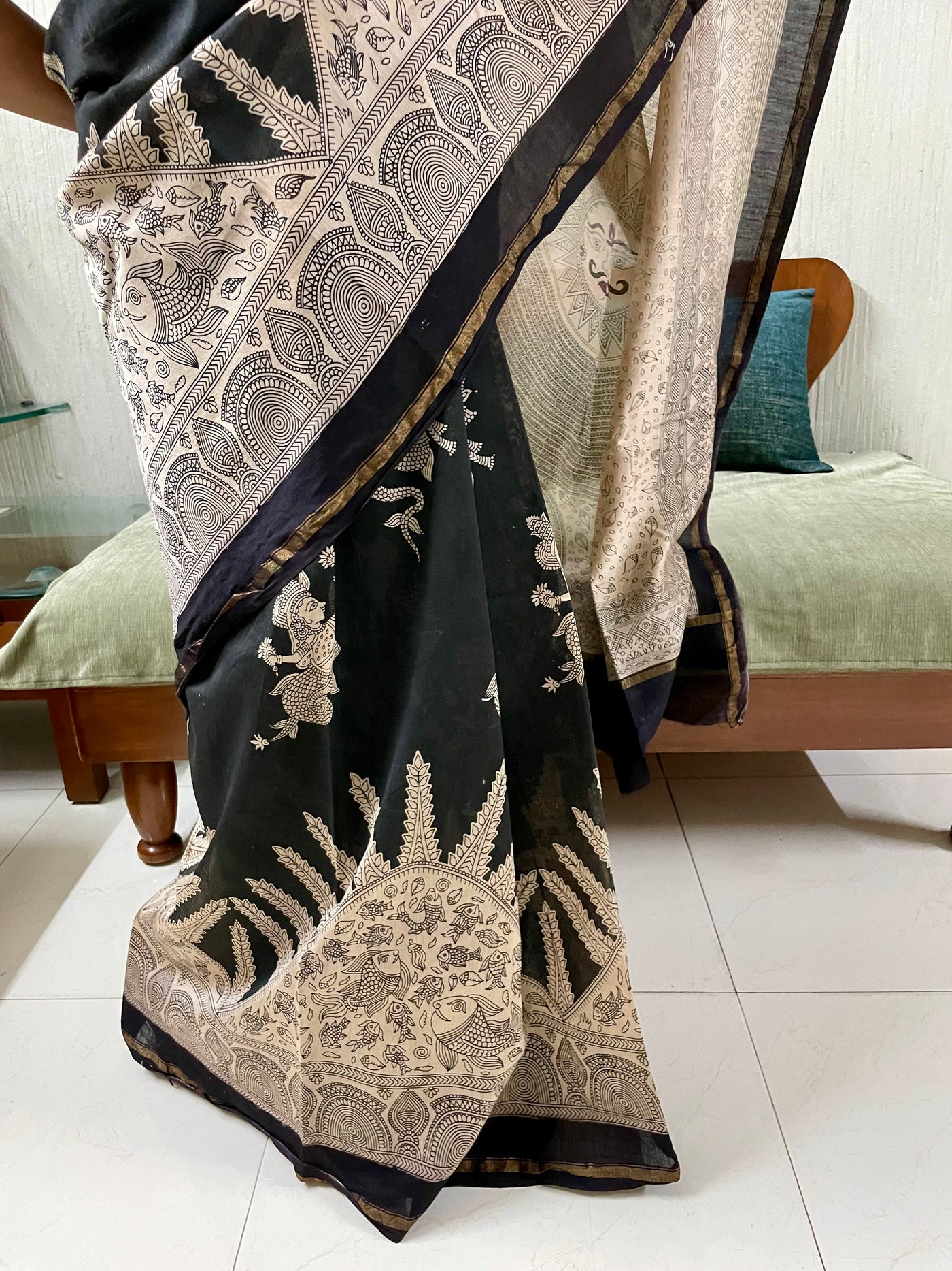 Elegant midnight and grey saree showcasing detailed Mata Ni Pachedi artwork created by skilled artisans