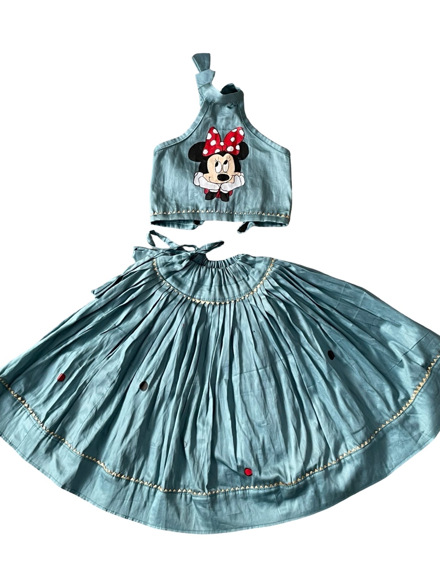 Misty blue handpainted cotton blouse and skirt set for kids featuring handcrafted artwork and traditional elegance