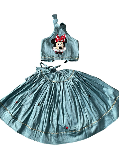 Misty blue handpainted cotton blouse and skirt set for kids featuring handcrafted artwork and traditional elegance