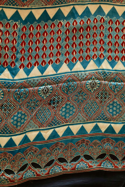 Premium ocean blue modal silk saree showcasing authentic Ajrakh craftsmanship and timeless motifs