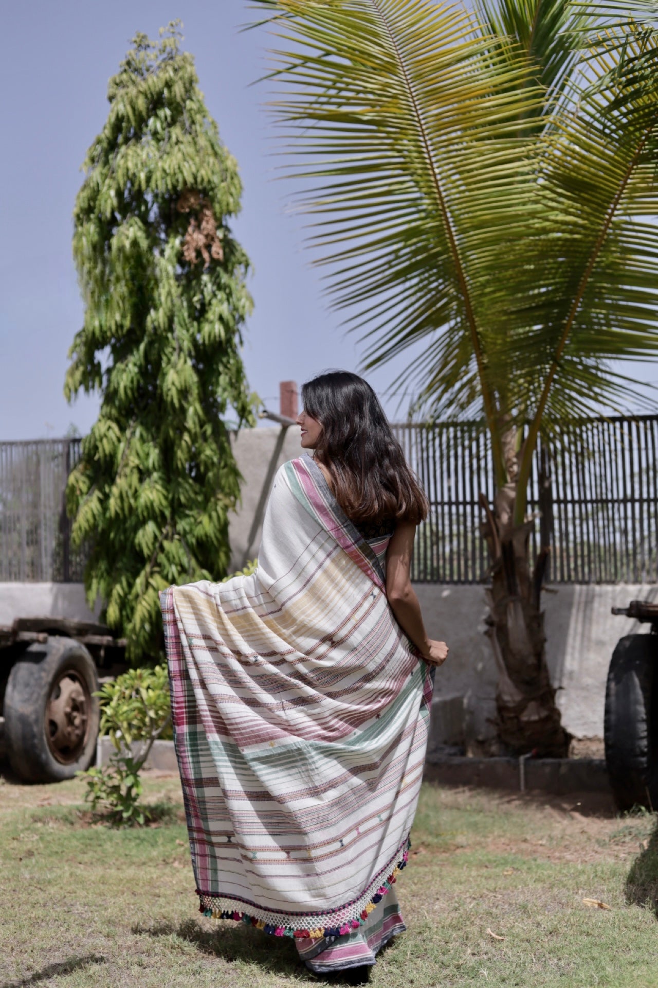 Elegant pearl Bhujodi saree woven in sustainable Kala Cotton with intricate artisan detailing