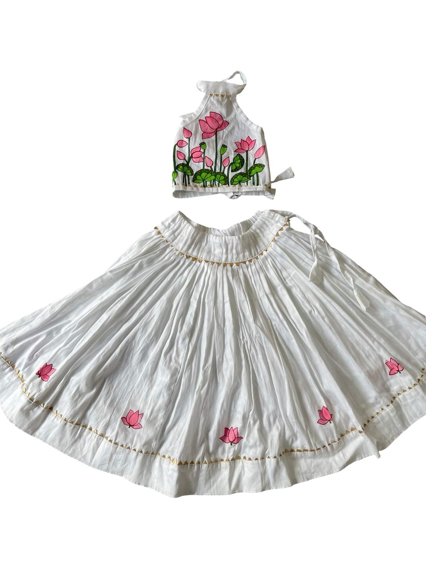 Pearl white handpainted cotton lehenga set for kids featuring elegant handcrafted artwork
