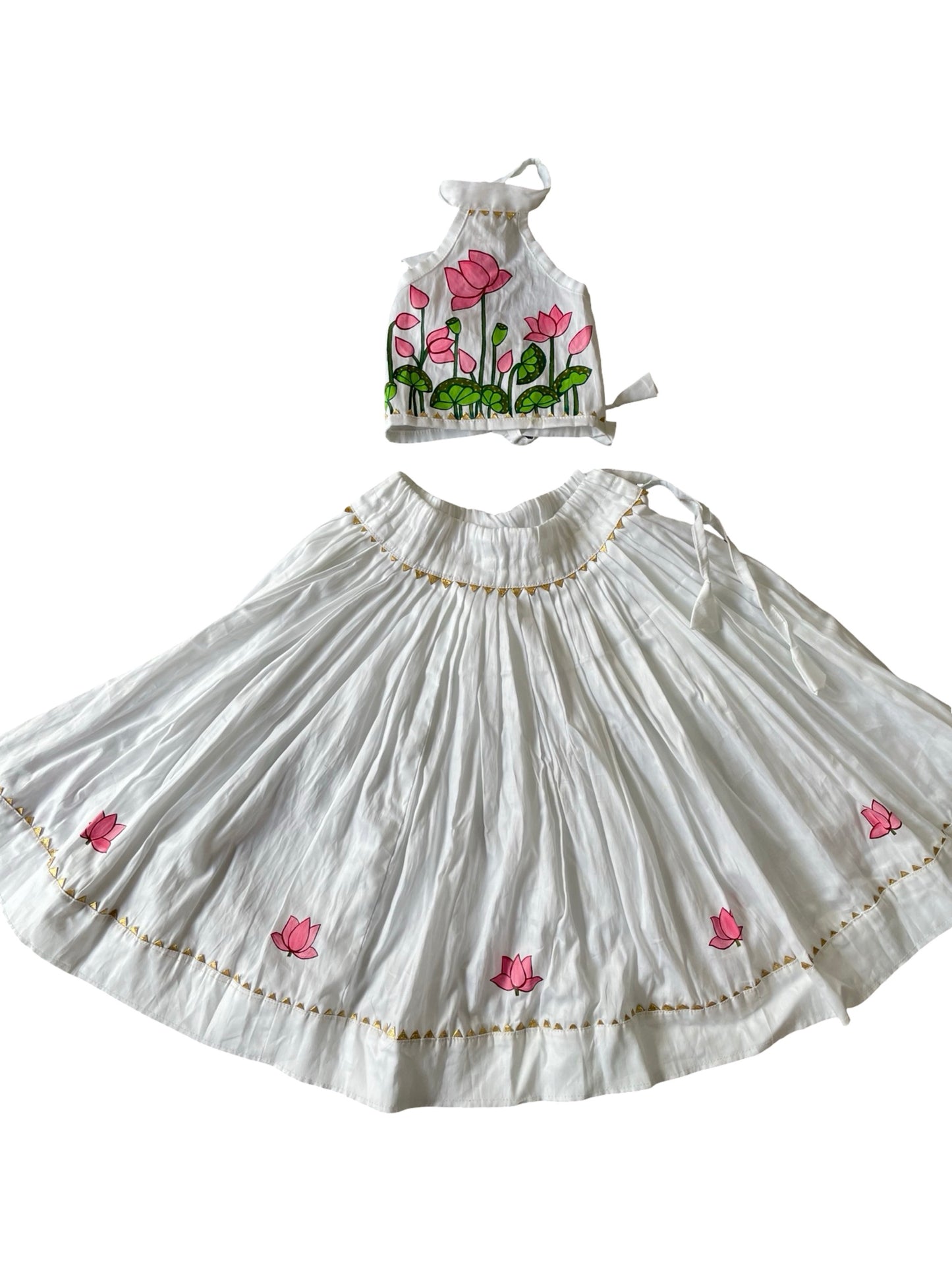 Pearl white handpainted cotton lehenga set for kids featuring elegant handcrafted artwork