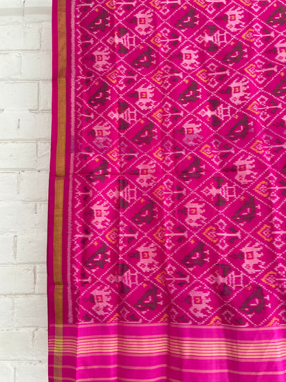 Handcrafted pink Patola dupatta showcasing authentic Single Ikkat weaving artistry
