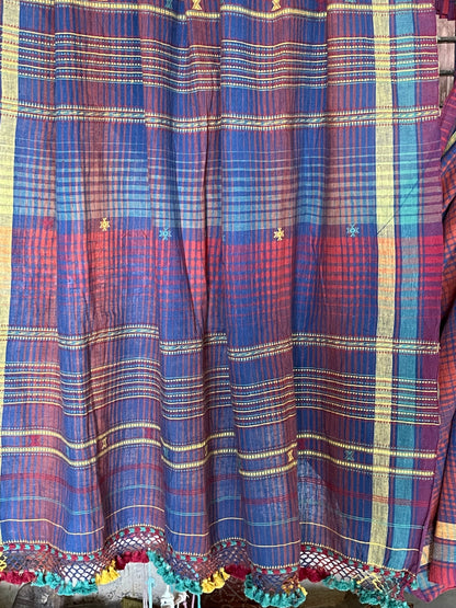 Elegant plum Bhujodi saree woven in sustainable Kala Cotton with intricate artisan detailing